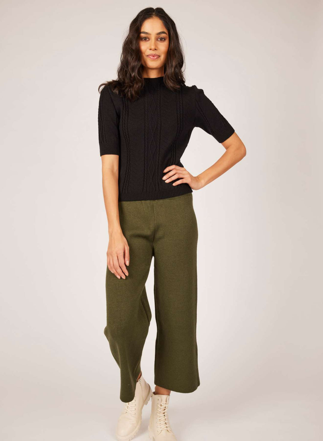 Pistache Fine Knit Cableknit Short Sleeve Sweater