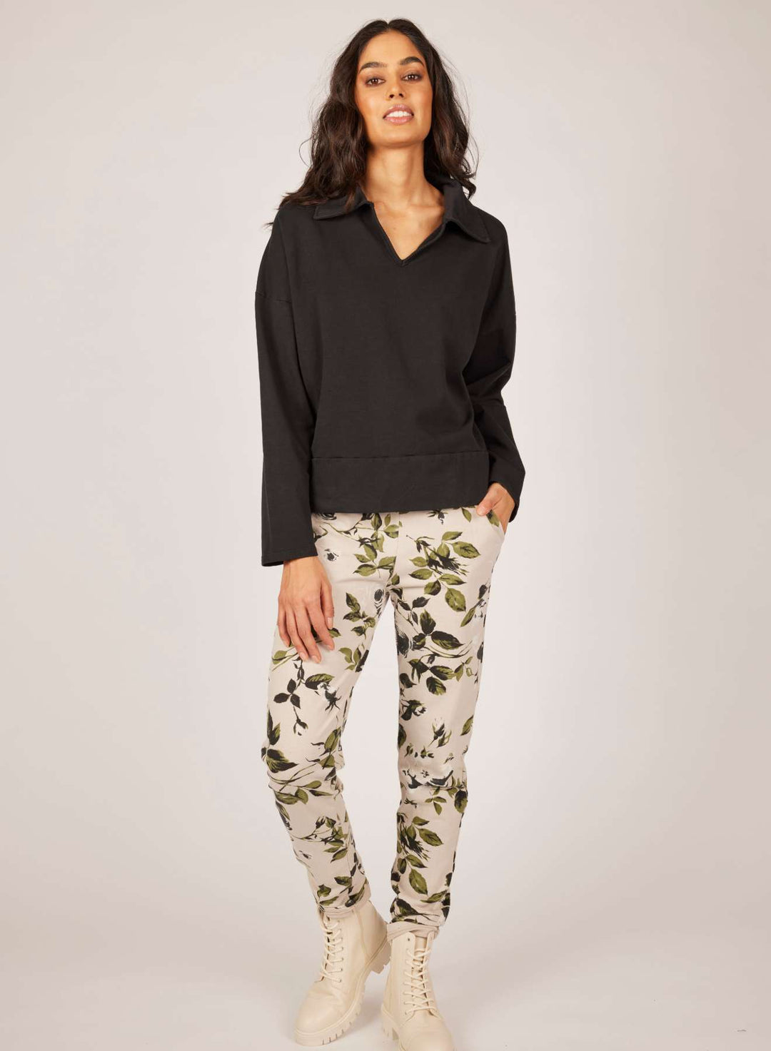 Pistache Polar Fleece Terry Cotton Collared Sweatshirt