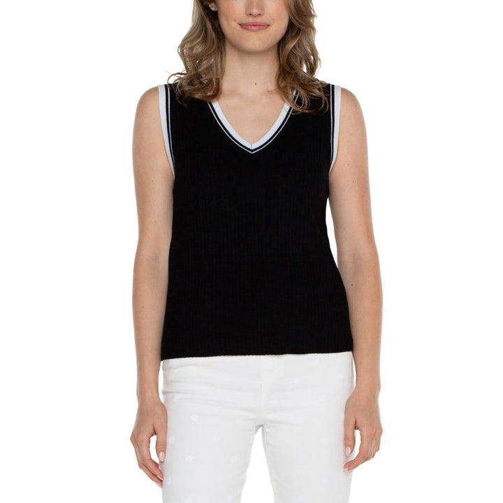 Liverpool Sleeveless V-Neck Sweater with Novel Rib Trim