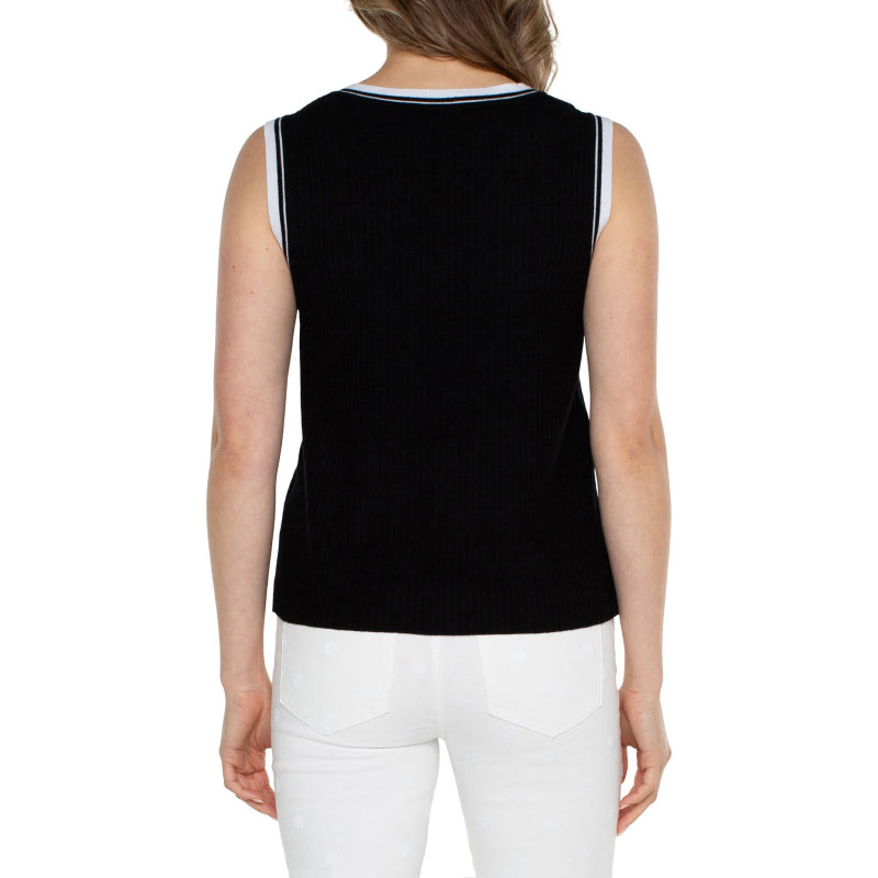 Liverpool Sleeveless V-Neck Sweater with Novel Rib Trim
