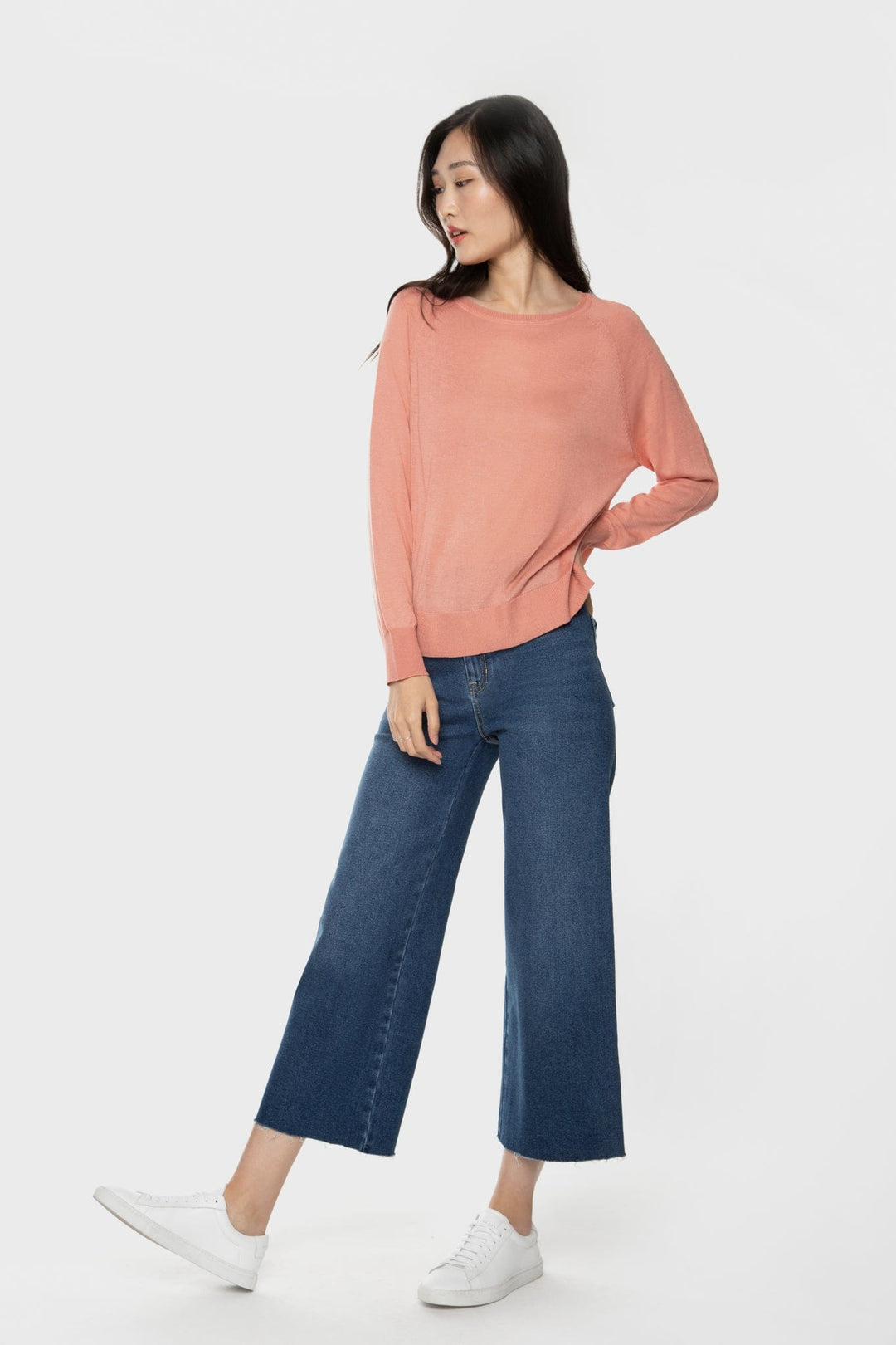Black Tape Long Sleeve Round Neck Fine Gauge Sweater Side Slits