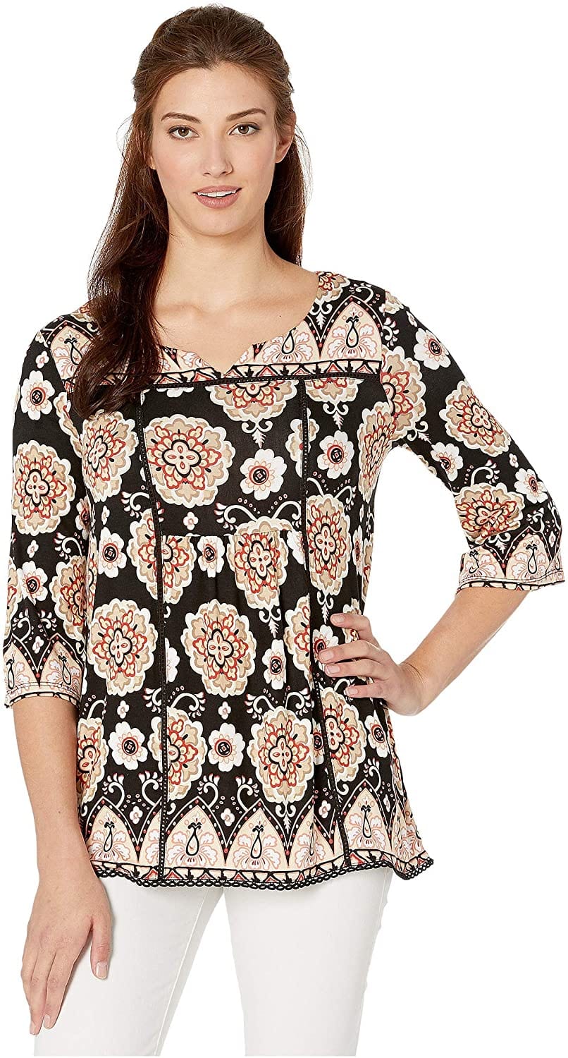 Tribal 3/4 Sleeve Notch Collar Top