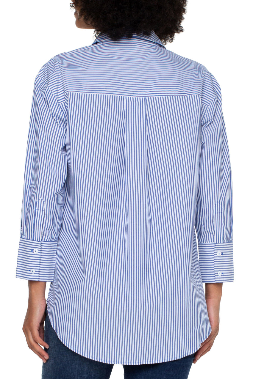 Liverpool Oversized Classic Button Front Shirt 28.25" - Blue Stripe