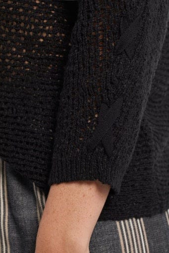 Tribal 3/4 Sleeve Boat Neck Sweater With Lace Up Detail